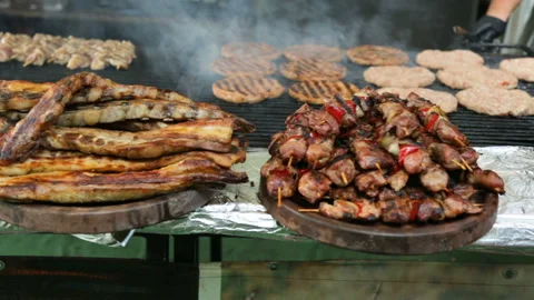 Meat roasting on grill 스톡 동영상 96641407