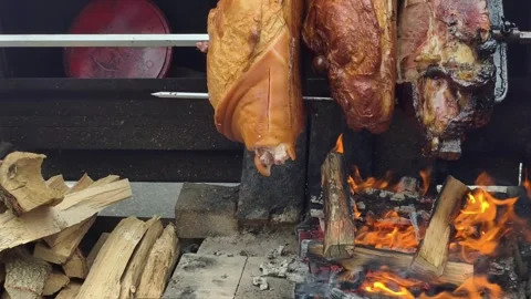 Meat Roasting Over Open Wood Fire Rustic BBQ Cooking Process 4K Stock Footage 332162858