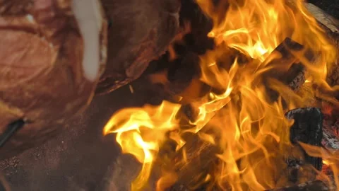 Meat Roasting Over Open Wood Fire Rustic BBQ Cooking Process 4K Stock-Footage 332162976