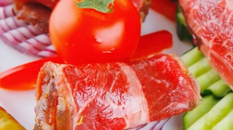 Meat rolls and chunk on white Stock Footage 58272611