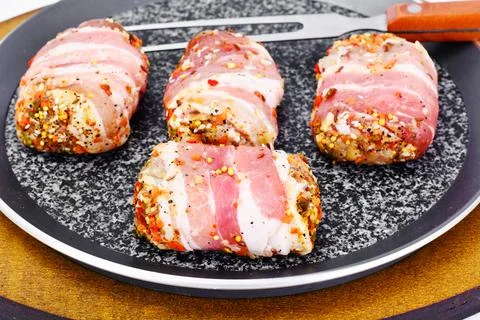 Meat Rolls in Bacon, Chops Wrapped Beef with Mushrooms Stock Photos