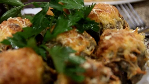 Meat rolls baked with cheese, close plan Video stock 124622692