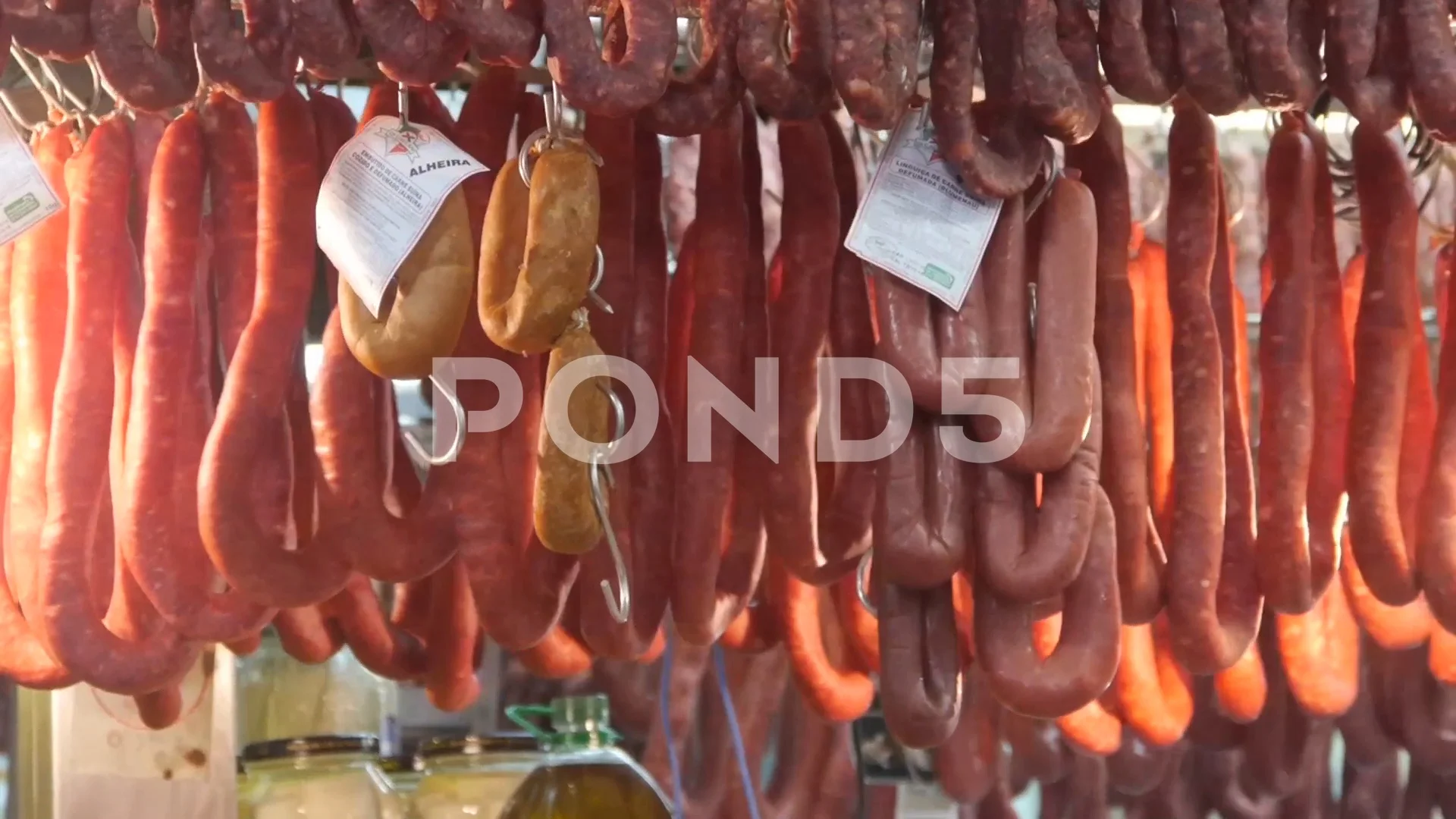 Meat Sausages Hanging Spinning Around In, Stock Video