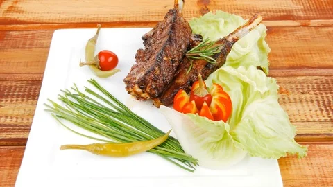 Meat savory on wooden table Video stock 88921112