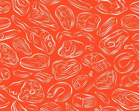 Meat seamless pattern. Barbecue or grill food concept background. Vector Stock Illustration