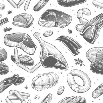 Meat seamless pattern. Hand drawn different meat products. Veal, beef steak and Stock Illustration