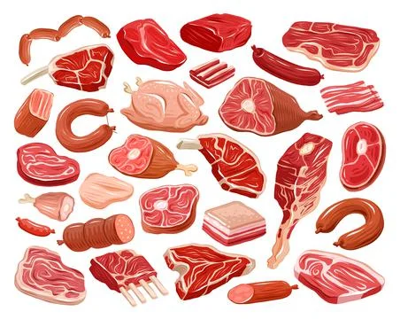 Meat set isolated on white background. Farm organic food concept Stock Illustration