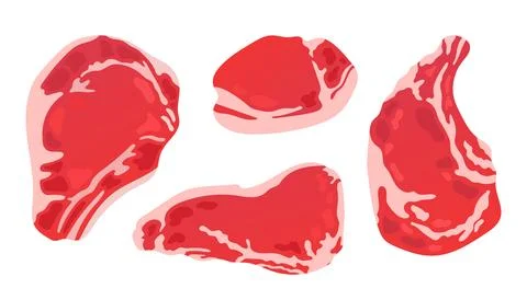 Meat set. Steak icons set in cartoon style. Meat set collection. Meal shop or Stock Illustration