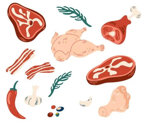Meat set. Steaks, meat on the bone, chicken, bacon, garlic and hot pepper. Fo Stock Illustration