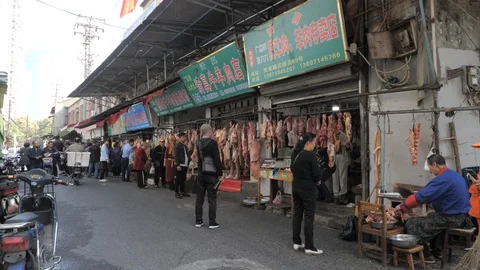 Meat shops in old town,Wuhan,Hubei,China Stock Footage
