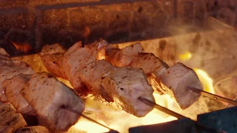 Meat on a skewer is cooked in the grill on the fire Stock Footage 156287960