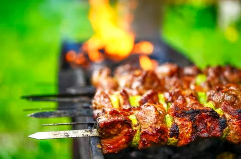 Meat on a skewer cooked over an open fire Stock Photos