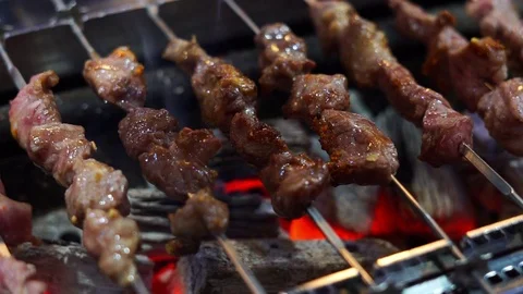 Meat skewer on the grill Video stock 112637685