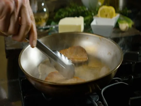 Meat Slices Cooked In A Frying Pan Stock Footage 79447939
