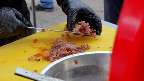 Meat slices prepared for serving, Chef organizes sliced roast meat for quick Fotos Stock