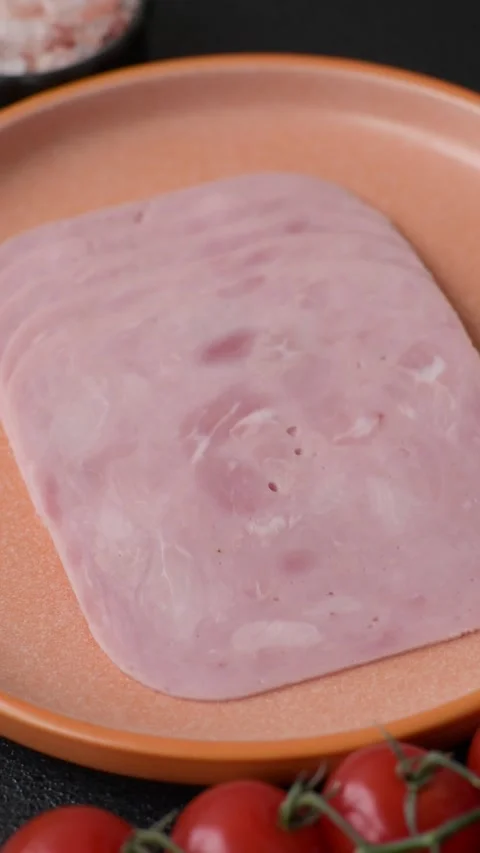 Meat, square ham sliced, organic food, protein for snacks. Sliced ham as a backg Stock Footage 318783537
