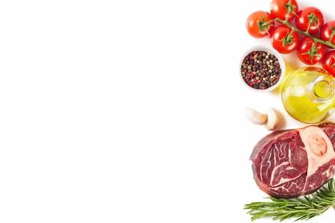 Meat steak and cooking ingredients isolated on whtie background. Stock Photos