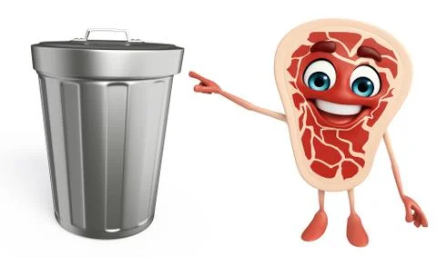 Meat steak character with dustbin Stock Illustration