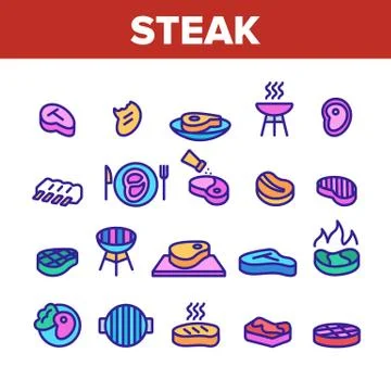 Meat Steak Collection Elements Icons Set Vector Stock Illustration