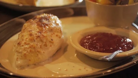 Meat steak. Dinner in a restaurant. Slow motion video footage. Video stock 78487689