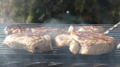 A meat steak fried on a wire rack with smoke and fire Fotos de archivo