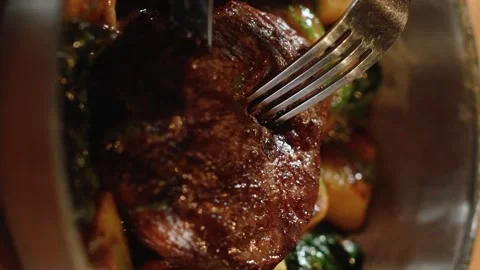 Meat steak. Slow motion. 120 fps. Vertical video. Close up Stock Footage 172440045