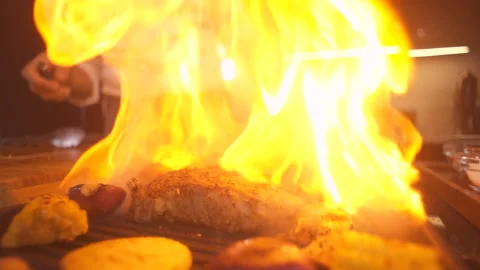 Meat Steak With Vegetables At Modern Kitchen On Grill Close Up. Grilled Food. Stock-Footage 142817959