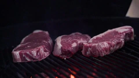 Meat steaks on a grill Video stock 218612495