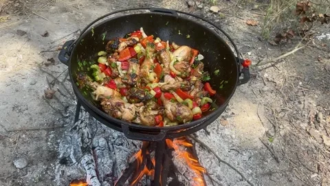 The meat is stewed in a cauldron. A dish on a fire in a cauldron. Stewing meat Stock Footage 307313679