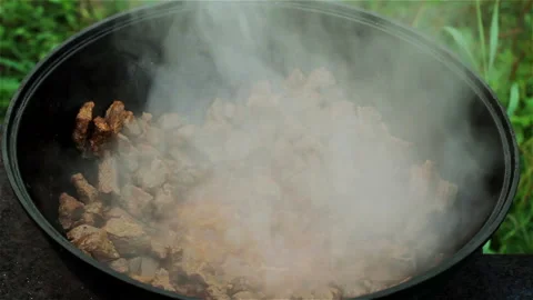 Meat is stewed in a large cast-iron cauldron over an open fire. Stock Footage 122591732