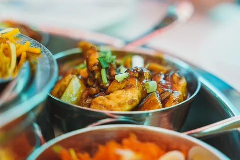 Meat thali served in a restaurant. Stock-Fotos