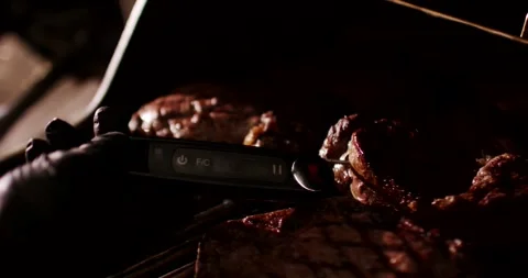 Meat Thermometer Measuring Core Temperature of Steak, Barbecue Grill, Close Up Stock Footage 340322354