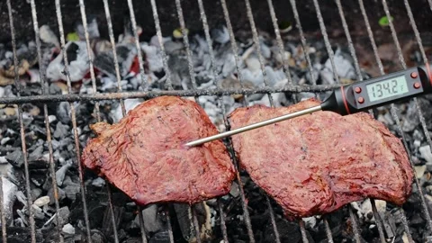 Meat thermometer showing medium doneness of a grilled steaks Stock Footage 295270533