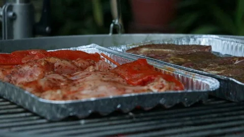 Meat in a tray over a hanging BBQ Stock Footage 97526009