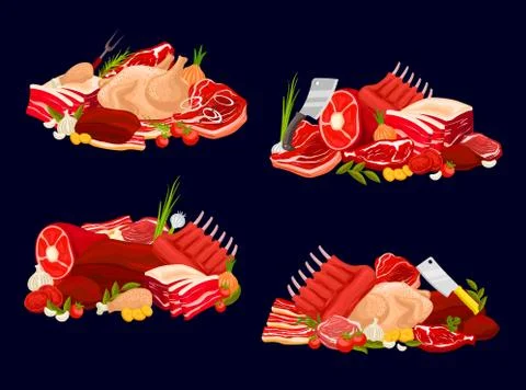 Meat types veal and beef, pork, chicken and mutton Stock Illustration
