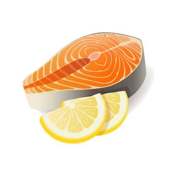 Meat vector - red fish salmon steak with lemon cuts. Fresh meat icon. Illustrazione stock