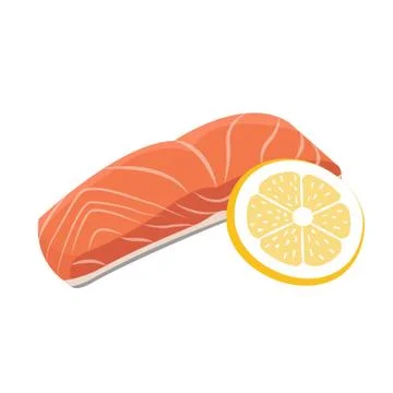 Meat vector - red fish salmon steak with lemon cuts. Fresh meat icon. Illustrazione stock