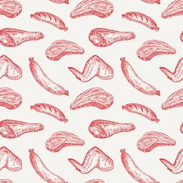 Meat Vector Seamless Background Pattern. Hand Drawn Steak, Sausages, Chicken Leg 库存插图