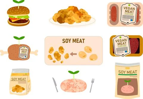 Meat for vegans using soybeans etc set Stock Illustration