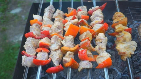 Meat with vegetables cooked on charcoal Stock Footage 93741435