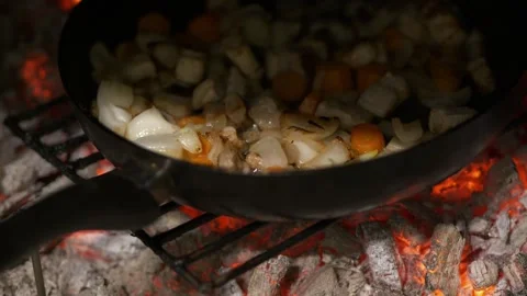 Meat with vegetables cooked in a frying pan on a grill Stock Footage 303544981