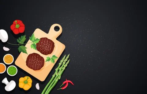 Meat Vegetables on Cooking Black Table Kitchen Backdrop Illustration Stock Illustration