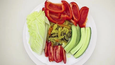 Meat with vegetables rotate on a round white plate. Top view, FullHD footage Vídeos de archivo 140666482