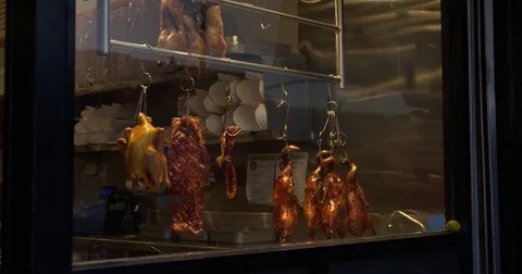 Meat on window display at butcher shop Stock Footage 84513502