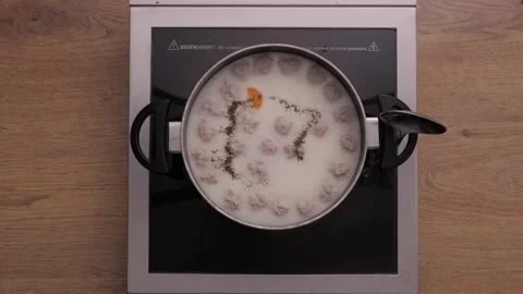 Meatball soup. cooking process. top view  Video stock 163970748