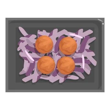 Meatballs cooking in red cabbage on baking sheet Illustrazione stock