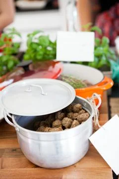 Meatballs in pot Stock Photos