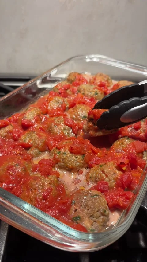 Meatballs in Tomato Sauce Baking Dish Stock Footage 320851404