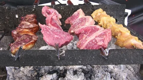 Meating cooking on an outdoor grill Stock Footage 256289645