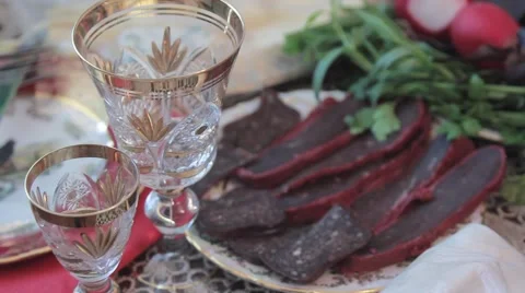 Meats on the holiday table. Hitting the camera in motion Stock Footage 64731747